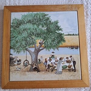 Vtg 82 LOWELL HERRERO Ceramic Art Tile Wood Wall Hanging "Family Picnic" 9.5"